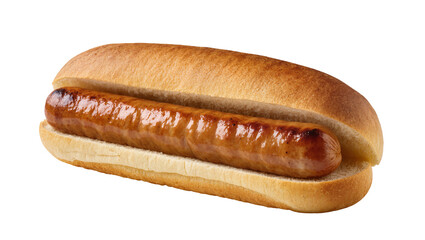 Delicious grilled hot dog sausage in a golden bun, perfectly isolated on transparent background, a classic American fast food snack for menus and advertising