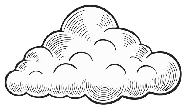 Stylized Cumulus Cloud Illustration with Hatching Detail in Black and White