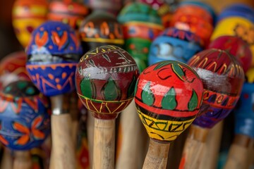 Fototapeta premium Vibrant, handcrafted maracas showcasing traditional artistry, ready to create rhythmic music and celebrate latin american heritage