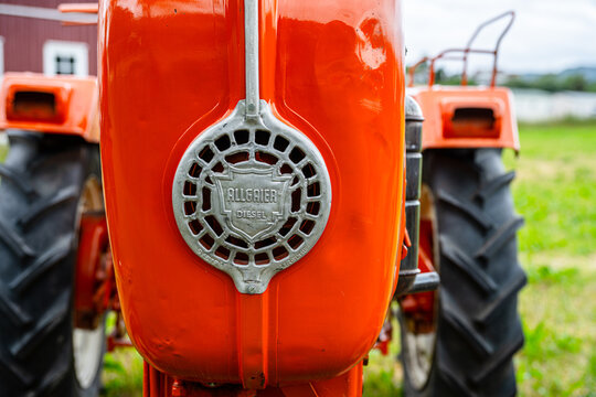 Lyngdal, Norway - June 27 2023: Vintage Allgaier diesel tractor front engine detail close up.