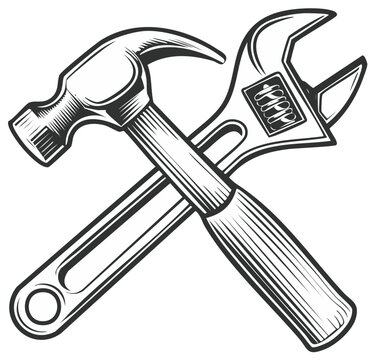 Crossed Hammer and Adjustable Wrench Vintage Illustration