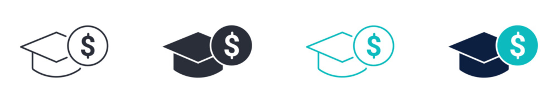Education payment icons, graduation cap with dollar symbol, tuition fee and education finance icon in line and silhouette style, vector illustration