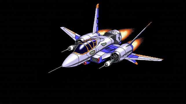 Retro pixel art spaceship flying in deep space. Vintage arcade video game graphic of a starfighter cruiser with thrusters activated. Science fiction concept for gaming and digital art.