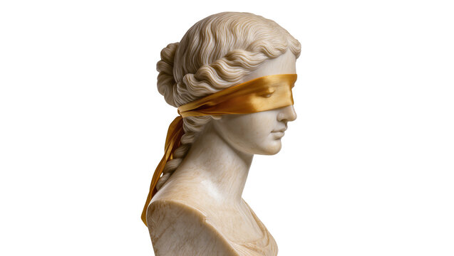 Classical marble bust of a blindfolded woman with a golden ribbon, a profile view of justice or fate, isolated on a clean background