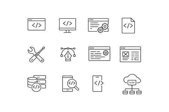 Collection of icons representing various aspects of web development and programming