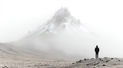 Fototapeta premium Man standing in front of mountain in fog. Explorer observing misty peak. Concept of solitude, adventure, journey and exploration. Minimalist landscape in monochrome for nature travel theme.