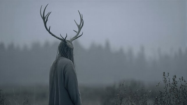 Woman wearing deer antlers mask walking in mystical woods. Dark surreal character in foggy forest. Eerie shamanic ritual concept. Mythological transformation and dark fantasy creature theme.