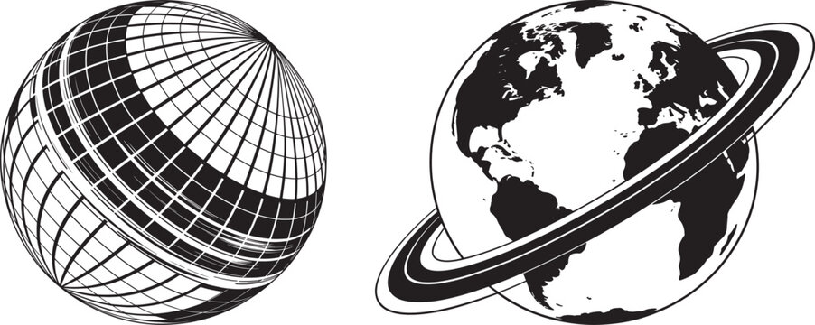 Vector illustration of stylized globes with grid lines and rings, representing earth and saturn planets, solar system