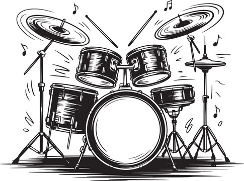 Black and white illustration of a drum kit, musical instruments, rock and roll, performance, graphic art, vector, musical instrument