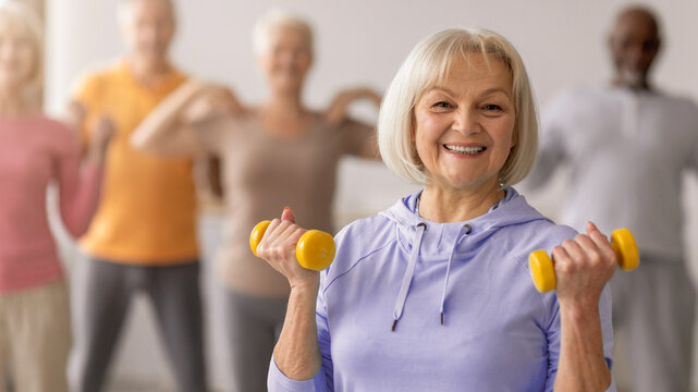 Seniors participate in a fitness class, lifting weights while following an instructor. The atmosphere is lively as they focus on their exercise routine. Everyone is engaged and smiling.