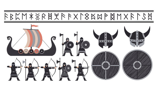 Viking elements: longship warriors runes helmets shields in flat
