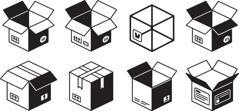 Vector illustration set of cardboard boxes and packaging, representing shipping, delivery, and logistics, e commerce, black and white