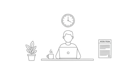 Fototapeta premium Vector illustration of a man working on laptop at desk with plant, coffee, clock and document
