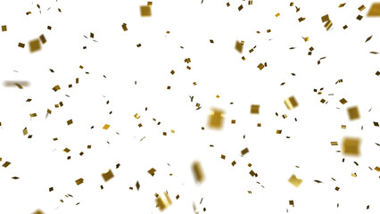 Gold confetti over transparent background with depth of field. 3D render.