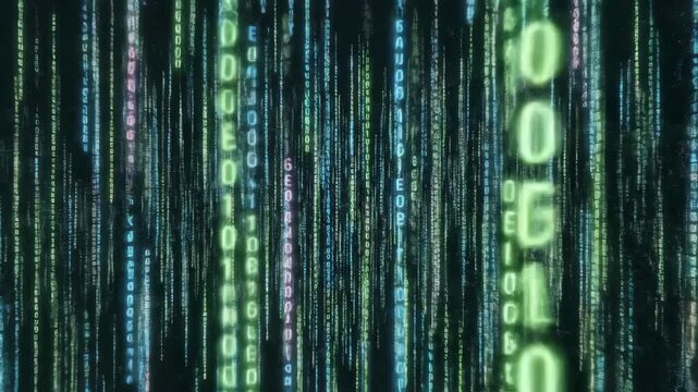 A digital matrix of green and blue binary code cascading against a dark background, evoking a futuristic tech scene