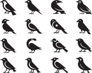 Fototapeta premium Collection of black silhouette vector illustrations of various bird species in different poses and orientations