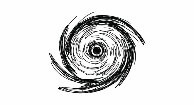 A dark swirling vortex design showcases circular motion and energy resembling a cosmic black hole or a stylized hurricane exhibiting dynamic rotation and visual depth within its spiraling form