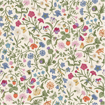 Flowers of the Meadow. Vintage seamless floral pattern. Inspired by hand embroidery. Colorful