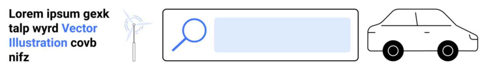Obraz premium Renewable energy, transportation, technology, search optimization, environmental awareness, data tools. Search bar with magnifying glass, wind turbine car outline elements. Renewable energy