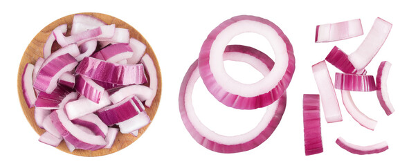 Fototapeta premium Red onion slices in wooden bowl isolated on a white background. Top view. Flat lay