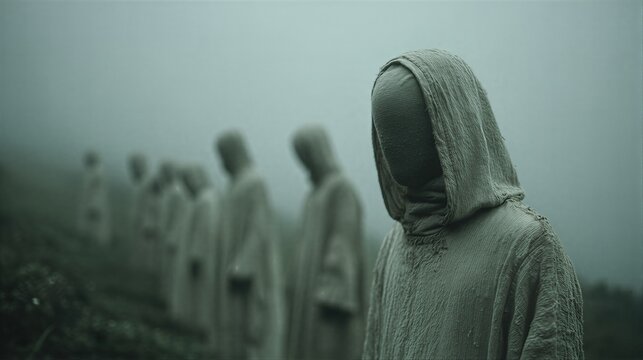 Group of mysterious human figures wearing hooded robes standing in thick fog. Surreal silhouette of faceless characters in a row. Concept of anonymity, ghost, fantasy and mystery.