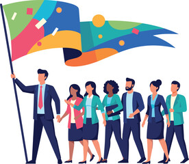 Naklejka premium A diverse group of businesspeople walking together under a colorful flag on transparent background