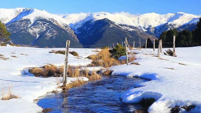 -Stream in Font Romeu at the end of winter, flowing through the fields.
20-second fixed-shot video. Water running through the Pyrenees in winter.