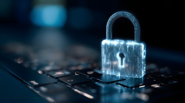 Digital padlock glowing on a keyboard suggests cybersecurity and data protection in the modern era of technology