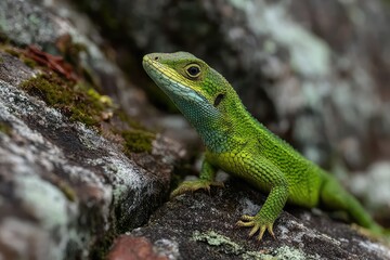 Fototapeta premium Green lizard basking on a rock