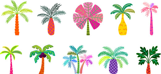 Obraz premium hand drawn colorful neon palm trees set isolated on white background bright tropical plant collection for summer stickers and web design