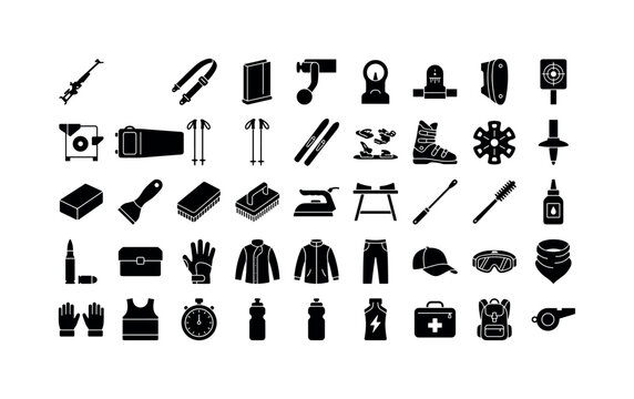 Biathlon competition equipment including biathlon rifle, rifle sling strap, rifle magazine clip, rifle bolt handle, rifle front