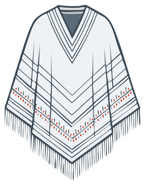 Illustration of poncho with fringe and geometric pattern for fashion design