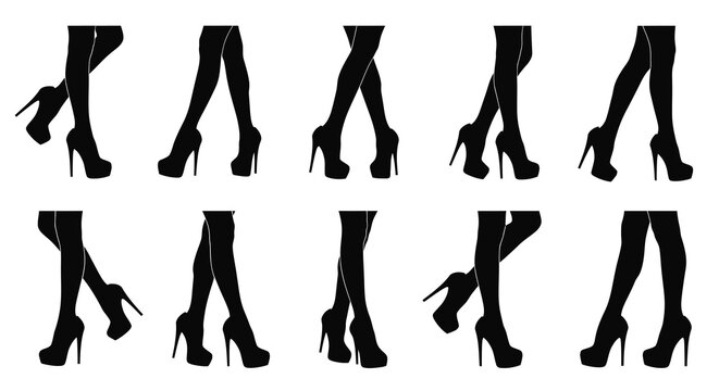 A collection of silhouetted female legs wearing various styles of high heeled shoes showcasing different poses high quality professional detailed