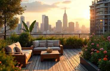 Fototapeta premium Rooftop terrace furniture with rich plants offers calm urban oasis view. Cityscape sunset glow illuminates wooden deck, blooming flowers, and modern buildings.