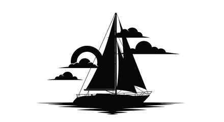 A striking black silhouette of a sailboat glides across dark water beneath stylized clouds and a sun high quality © Asikder02
