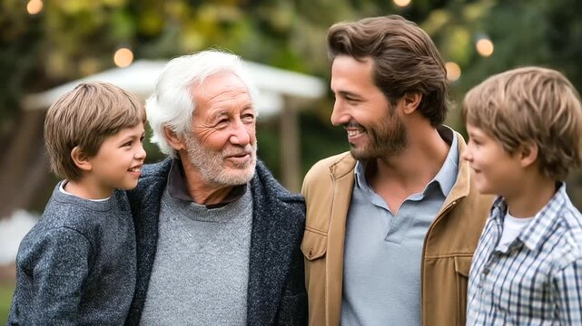 Men from different generations smiling at each other, warm family values backdrop, charitable initiatives imagery, intergenerational bonding, male relationship across ages,