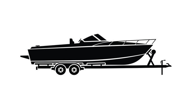 A sleek black silhouette depicts a motorboat resting on a trailer showcasing its streamlined design and maritime utility