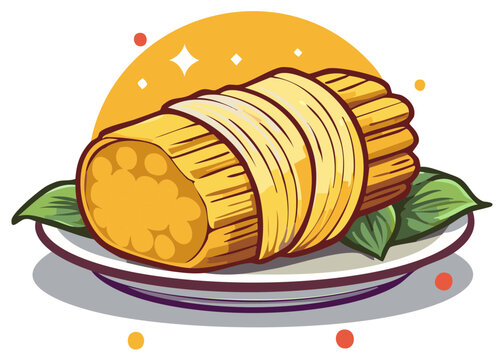 Artistic depiction of a traditional tamale with husk wrapping, served on a plate with green leaves against a radiant sun illustration.
