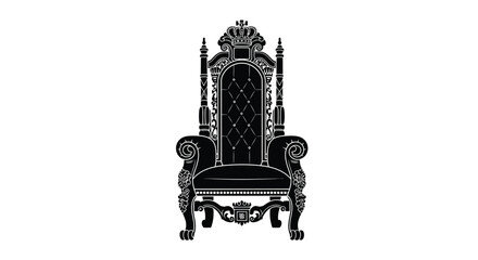An ornate black silhouette of a regal throne chair stands prominently against a stark white background conveying power © Asikder02