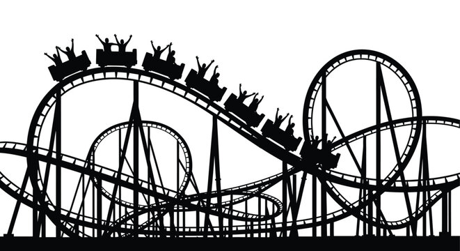 A striking black silhouette depicts a thrilling rollercoaster ride showcasing looping tracks and excited passengers high quality professional detailed