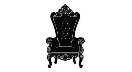 A striking black silhouette depicts an ornate regal throne chair with detailed carvings and a high back high quality © Asikder02