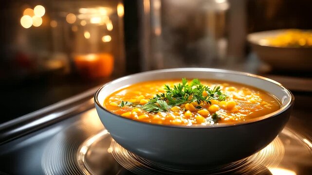 Bowl of hearty soup in microwave with visible corn and green herbs, glass turntable illuminated by microwave light, ideal for food blogs, recipe sites and culinary articles,