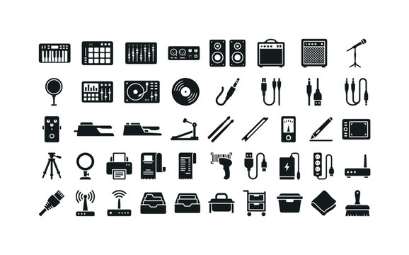 Conservatory rehearsal equipment featuring digital keyboard synthesizer, MIDI controller pad, studio mixing console, audio