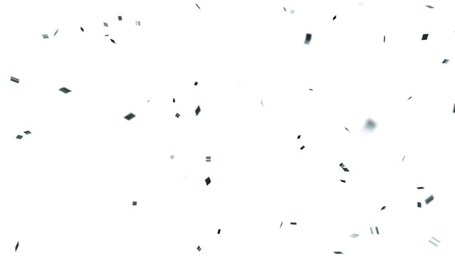 Silver confetti over transparent background with depth of field. 3D render.