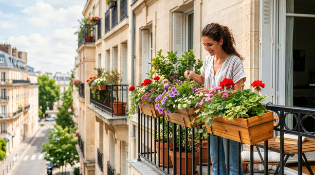Smiling woman tending to colorful flowers in wooden boxes on a city balcony. Happy female urban gardener caring for blooming plants on an apartment terrace