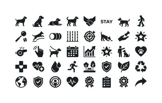 Dog obedience commands and behavioral training concept symbols showing dog silhouette icon, sitting dog icon, lying dog icon,