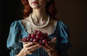Naklejka premium Young woman with red hair wears pearl necklace and vintage dress. She holds golden plate with ripe red grapes. Studio portrait with dark background creates classic art feel.