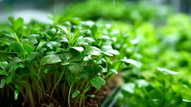 Extreme close-up of dense microgreen leaves with visible veins, healthy eating visuals and organic farming, nutrition content and food photography, defocused leaf texture, with