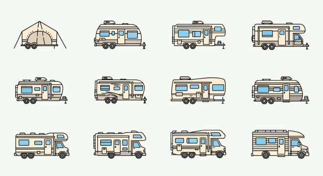Different styles of RVs including camping trailers campers and motorhomes all lined up in a row This image showcases various recreational vehicles suitable for vacation travel and outdoor life