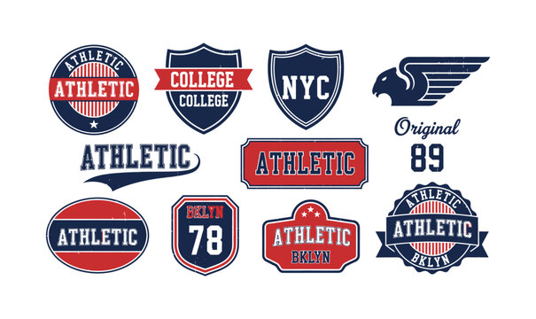Vintage Athletic College Vector Badge Set with Collegiate Shield Crest and Sports Stamp Emblems